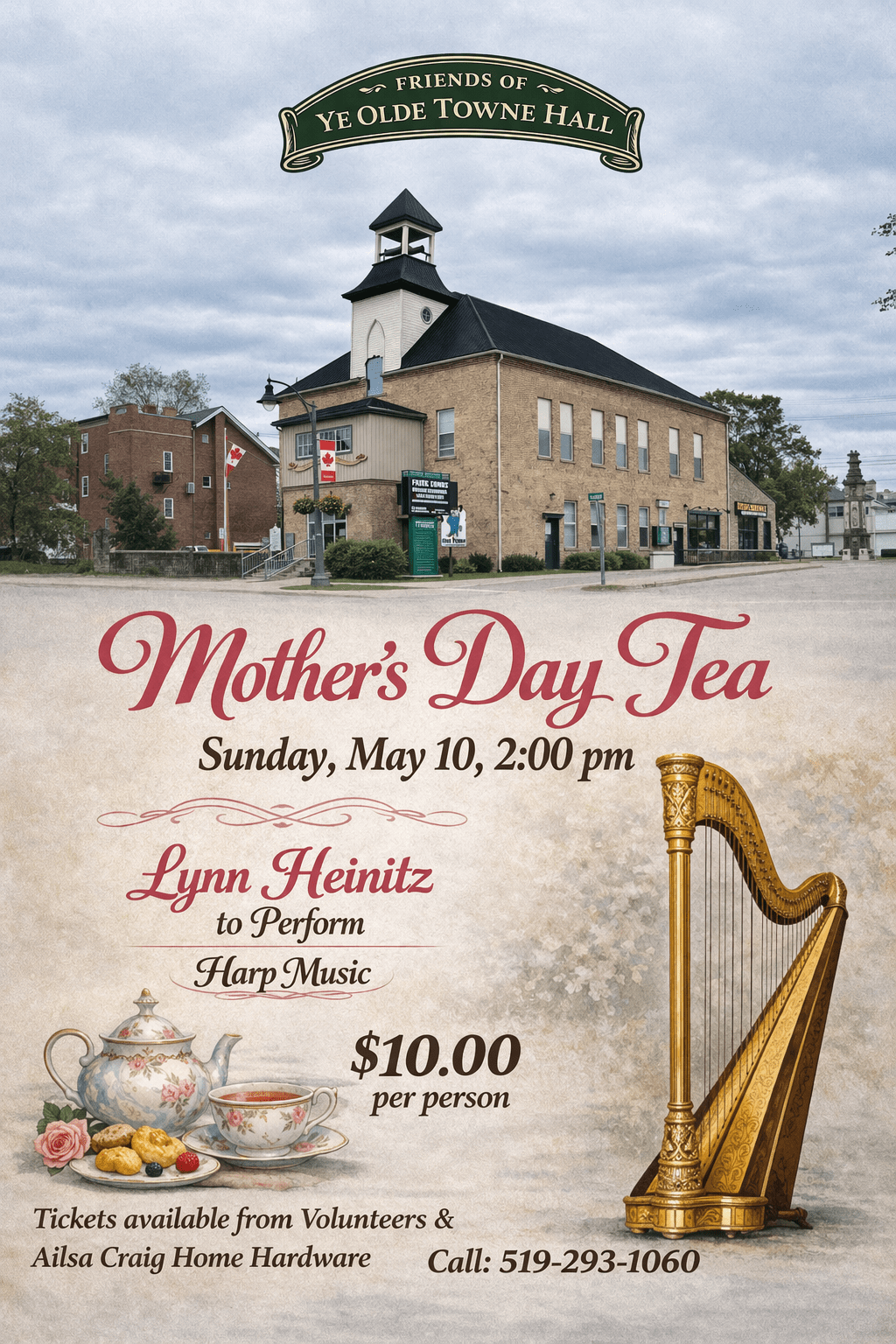 Promotional poster for a Mother’s Day Tea event at Ye Olde Towne Hall featuring a historic building, tea set illustration, harp, and event details including date May 10, 2026, live harp music by Lynn Heinitz, and ticket information.