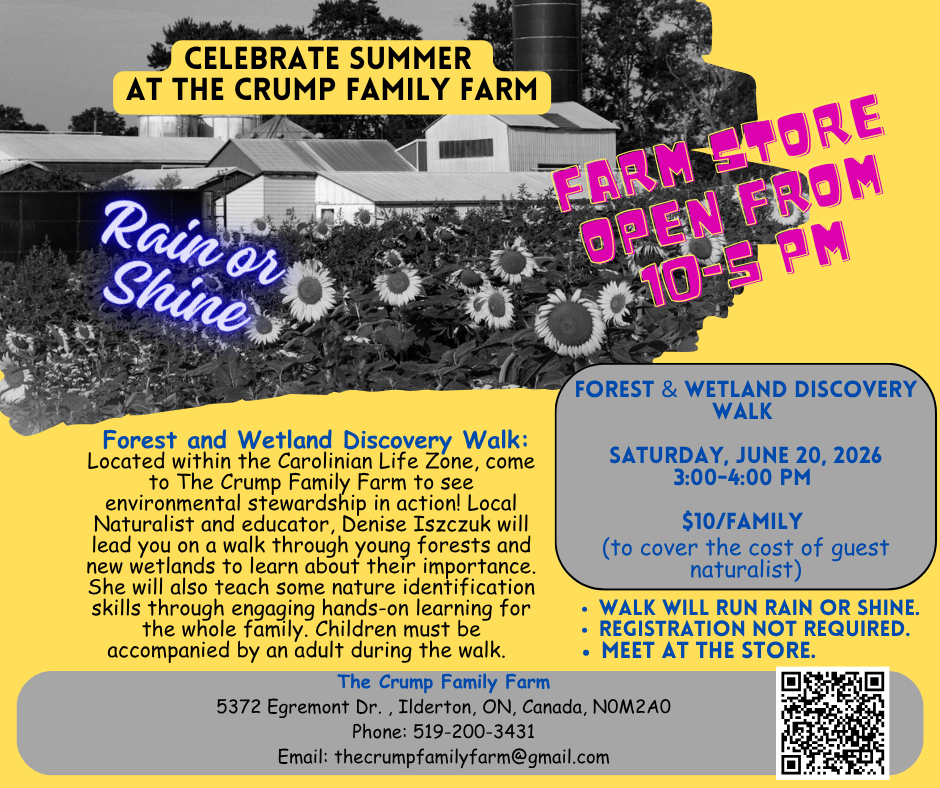 Promotional poster for The Crump Family Farm’s Forest and Wetland Discovery Walk on Saturday, June 20, 2026, featuring a sunflower field and farm store event details.
