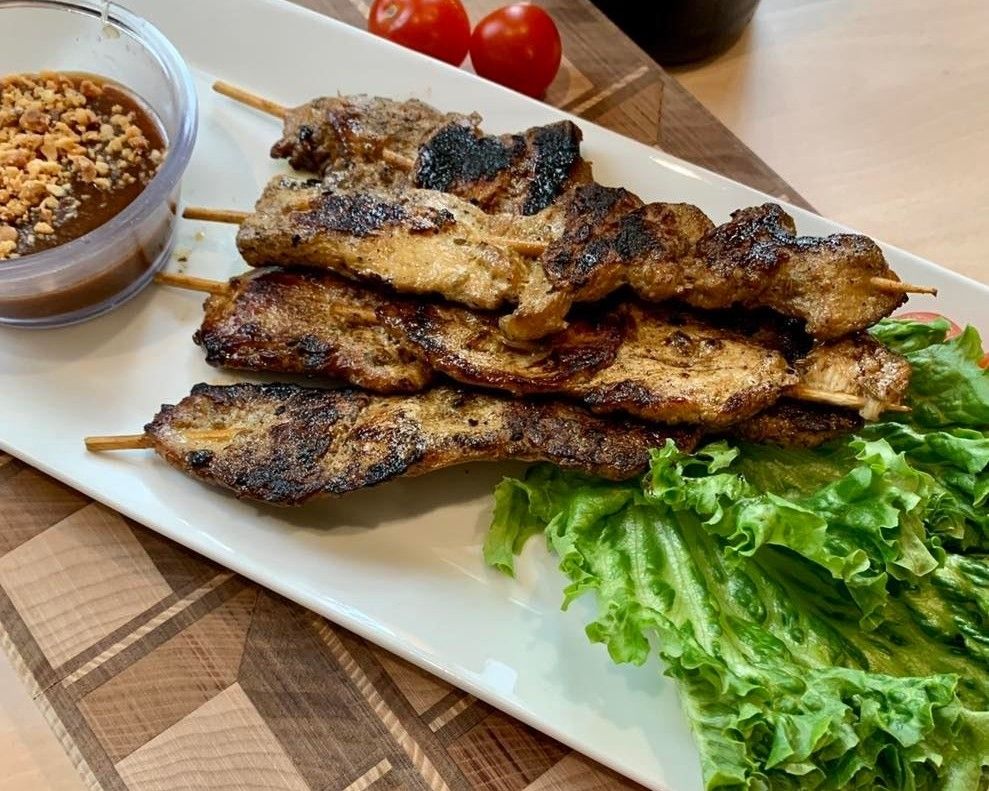 Satay Chicken: Javanese style marinated grilled chicken on a skewer.