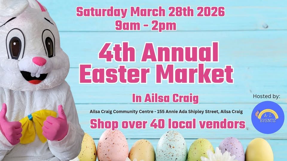 Promotional banner for the 4th Annual Easter Market in Ailsa Craig featuring a person in an Easter Bunny costume, colorful Easter eggs, and event details including date, time, location, and over 40 local vendors.