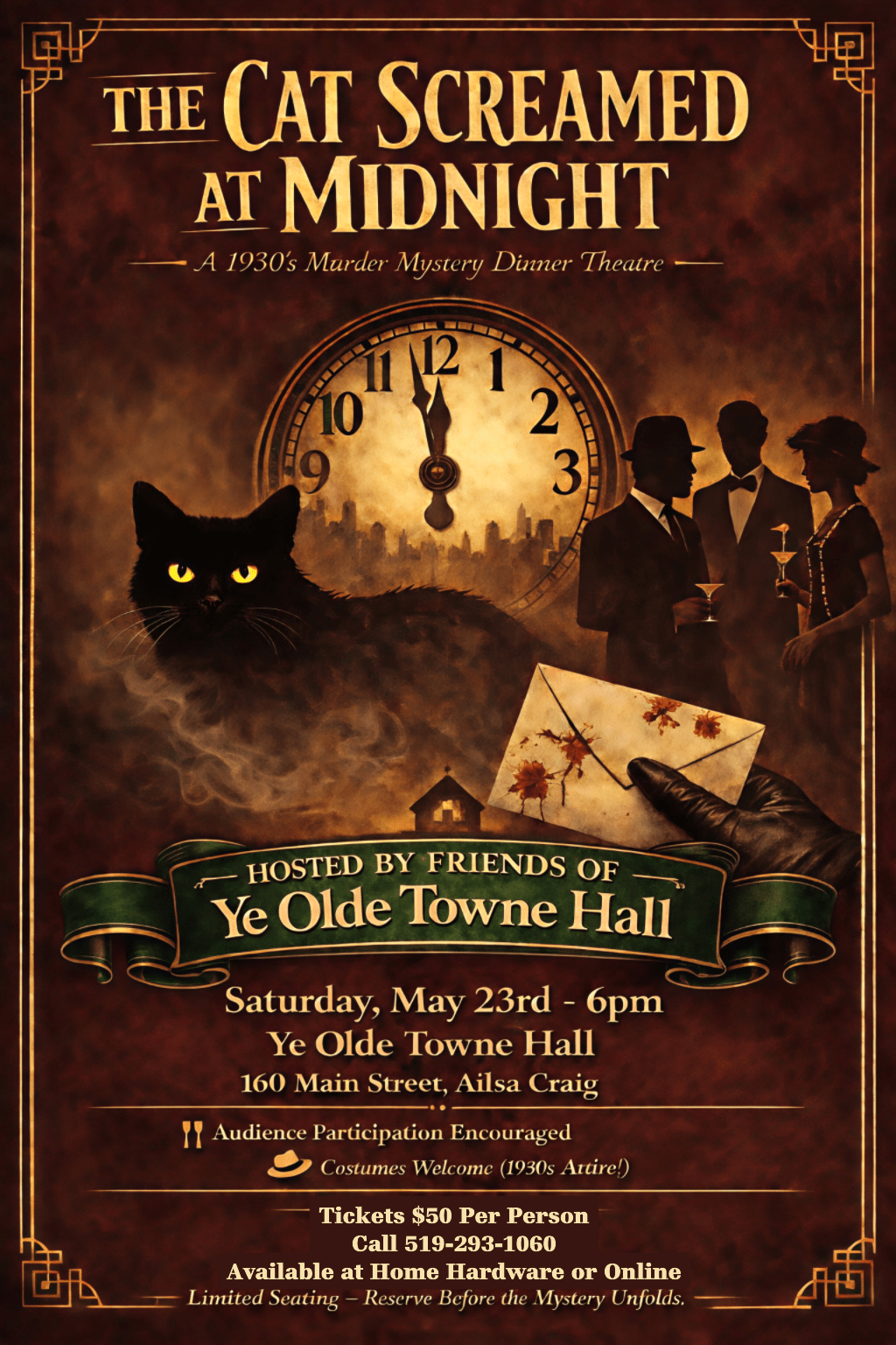 Promotional poster for “The Cat Screamed at Midnight,” a 1930s-themed murder mystery dinner theatre at Ye Olde Towne Hall, featuring a black cat, vintage clock, silhouetted figures, and event details for May 23 at 160 Main Street in Ailsa Craig, Ontario.