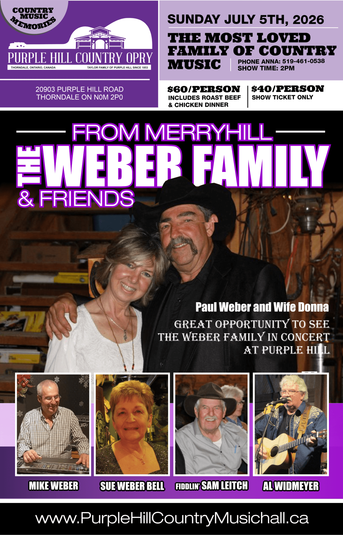 Promotional poster for The Weber Family & Friends live at Purple Hill Country Opry on Sunday, July 5, 2026, featuring Paul Weber and Donna, along with Mike Weber, Sue Weber Bell, Fiddlin’ Sam Leitch, and Al Widmeyer, plus ticket and dinner package details.