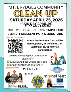 Event poster for the Mount Brydges Community Clean-Up on Saturday, April 25, 2026, from 11:00 AM to 1:00 PM (rain date April 26), taking place at multiple locations including Cenotaph Park, Bennett Crescent Park, and Lions Park. The poster includes a QR code for details, notes that gloves and bags will be provided, and mentions a BBQ hosted by the Mount Brydges Lions Club at 1:00 PM for participants.