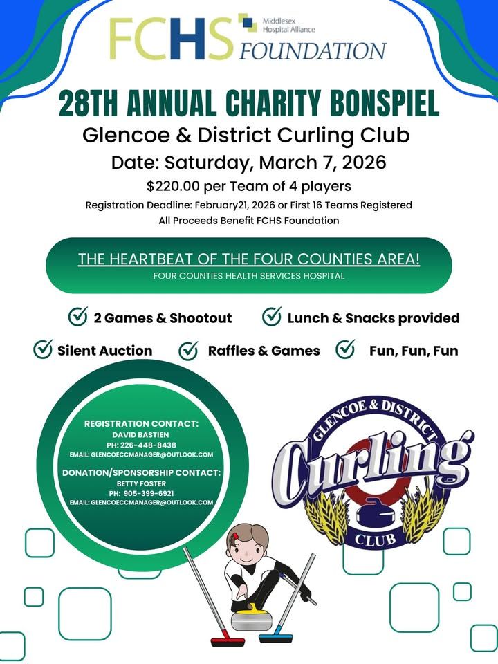 Promotional banner for the 28th Annual Charity Bonspiel at the Glencoe & District Curling Club, featuring event details including date, registration fee, charity beneficiary, and highlights such as games, shootout, and provided lunch and snacks.