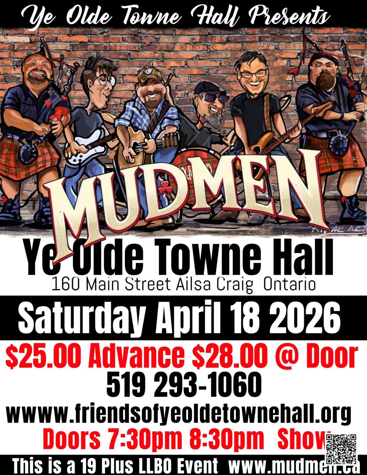 Promotional poster for a Mudmen concert at Ye Olde Towne Hall featuring illustrated band members with instruments, event details including date April 18, 2026, location in Ailsa Craig, Ontario, ticket pricing, and show time.