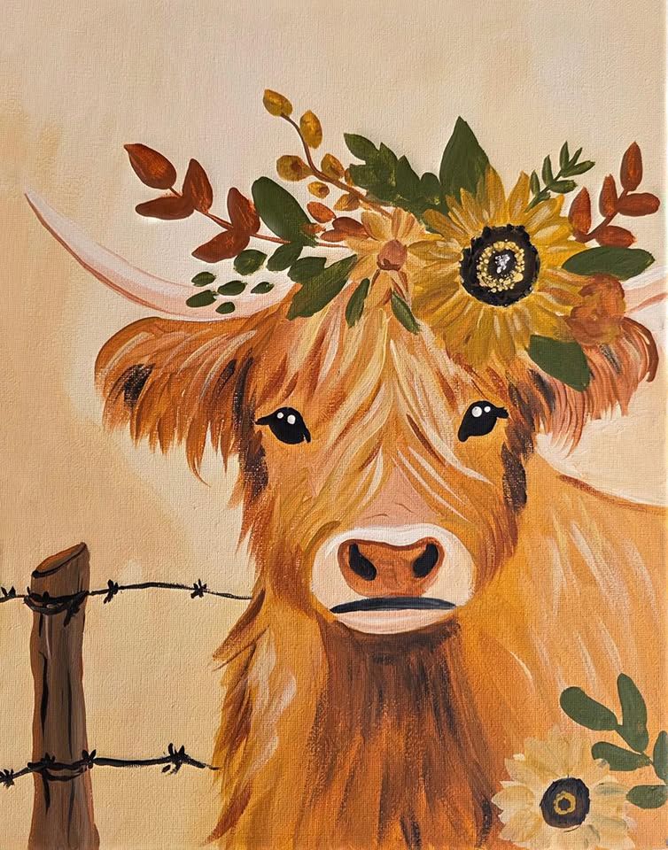 Close-up painting of a Highland cow with long golden-brown fur, decorated with flowers and greenery on its head, in a rustic farm-style art illustration.