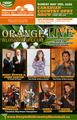 Promotional poster for the Canadian Country Opry Show “Orange Blossom Special” at Purple Hill Country Opry on Sunday, May 3, 2026, featuring ticket pricing, dinner options, and performer photos including Mary Rowan & John Lester, Jacki Putnam, Billy MacInnis, Tiffany Ewster, Leo Stock, John P. Allen, and Wayne Ferguson.