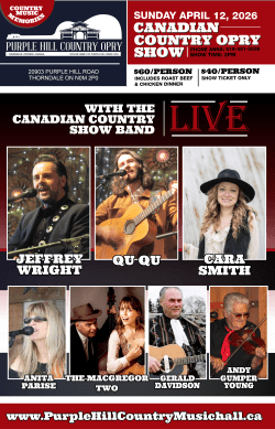 Promotional poster for the Canadian Country Opry Show at Purple Hill Country Opry featuring event details for April 12, 2026, ticket pricing, dinner options, and photos of performing artists including Jeffrey Wright, Qu-Qu, Cara Smith, Anita Parise, The MacGregor Two, Gerald Davidson, and Andy Gumper Young.