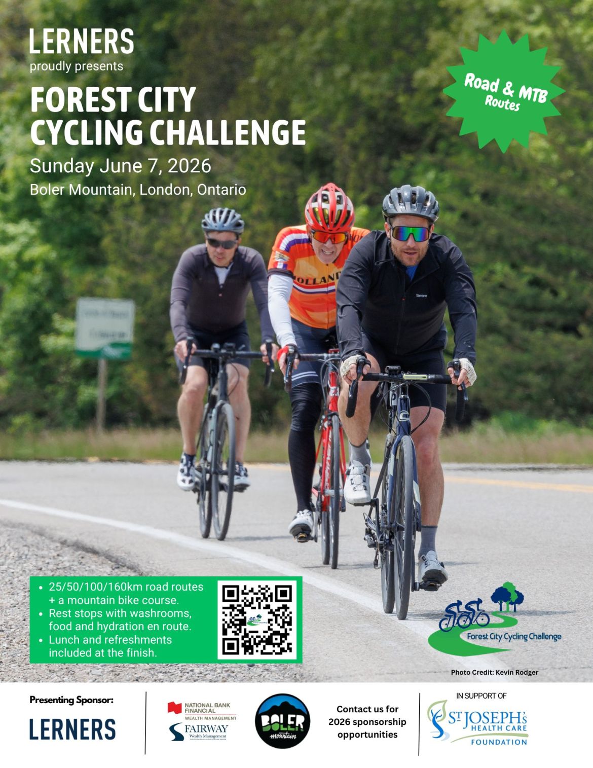 Promotional poster for the Forest City Cycling Challenge showing three cyclists riding on a rural road, with event details for June 7, 2026 at Boler Mountain in London, Ontario, including road and mountain biking routes.