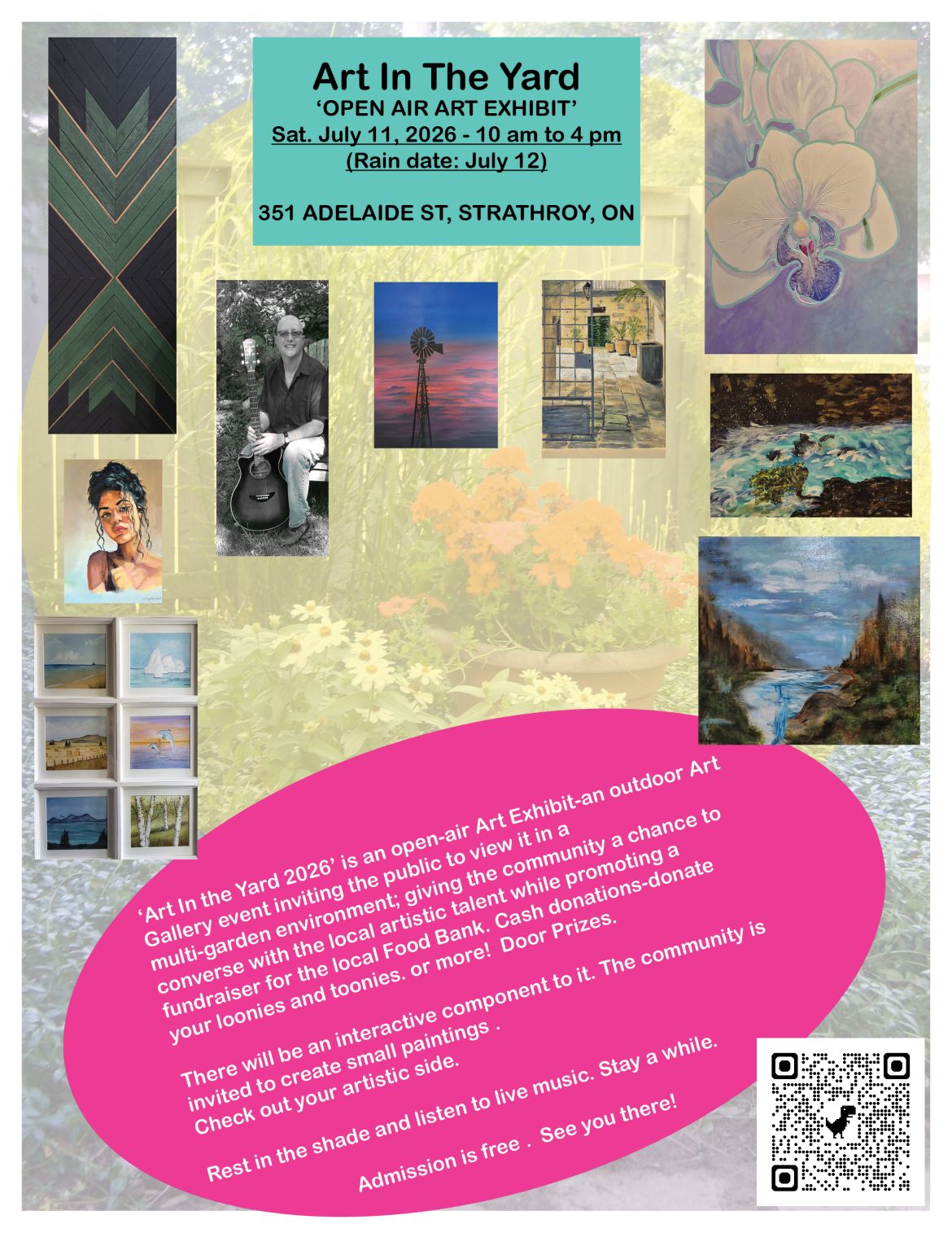 Poster for Art in the Yard, an outdoor art exhibit in Strathroy featuring local artwork, live music and interactive painting.