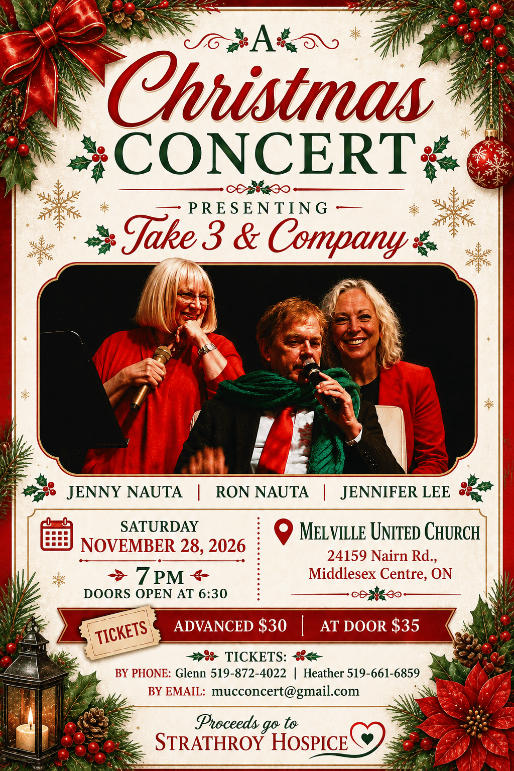 Take 3 & Company Christmas concert on November 28, 2026, at Melville United Church.