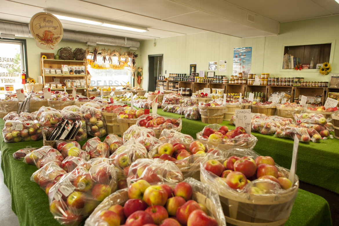 Baskets of apples and local products 