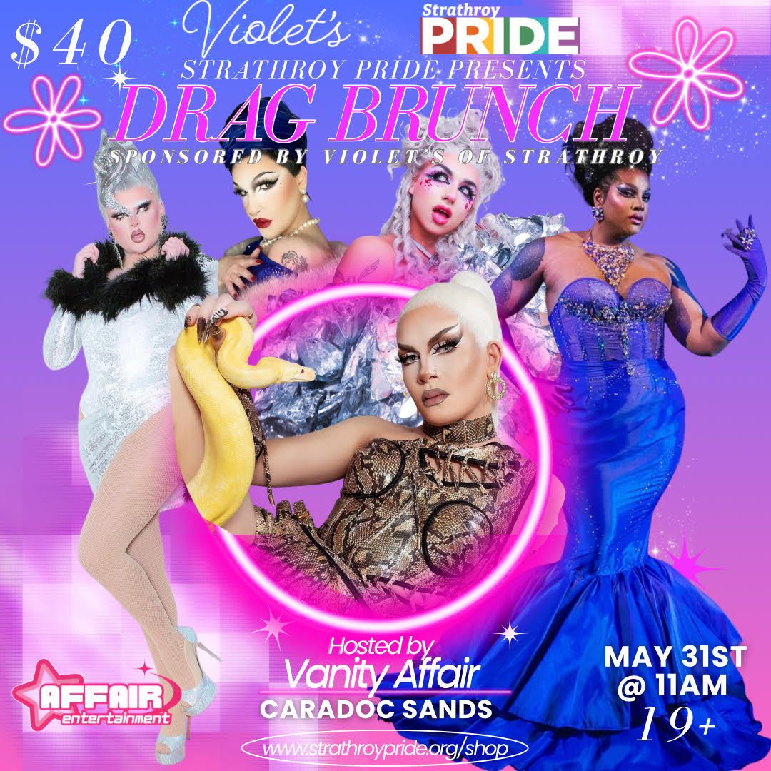 Colourful promotional poster for Strathroy Pride’s Drag Brunch, hosted by Vanity Affair, featuring drag performers and event details.