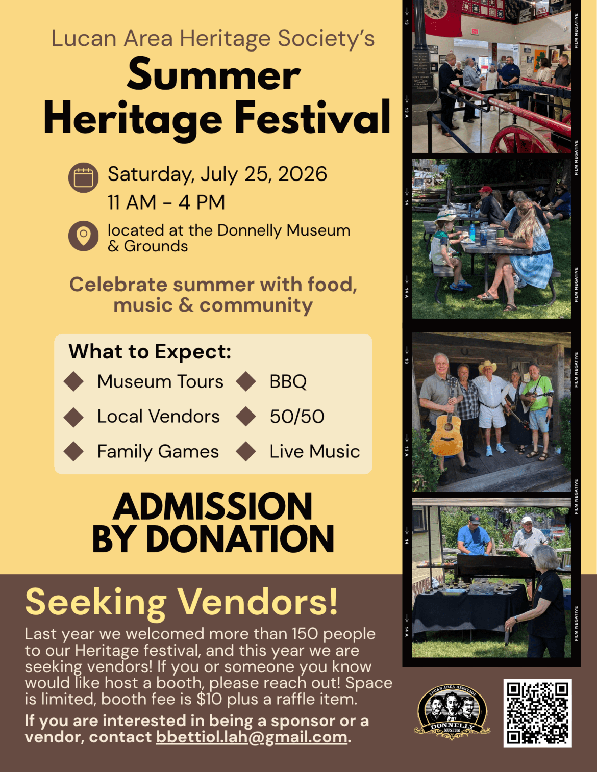 Poster for the Lucan Area Heritage Society’s Summer Heritage Festival featuring museum tours, food, vendors, games and live music.