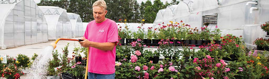 Man watering plants in a greenhouse