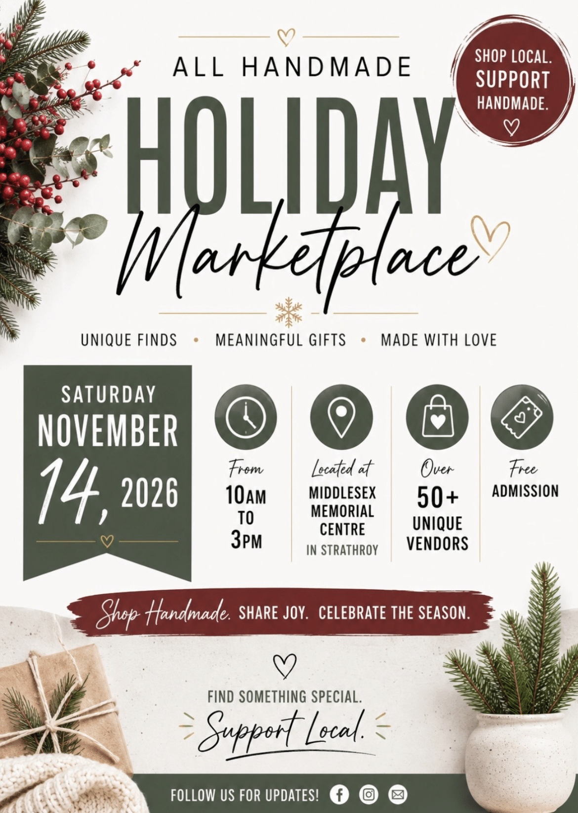 Handmade holiday market on November 14, 2026, at the Middlesex Memorial Centre in Strathroy