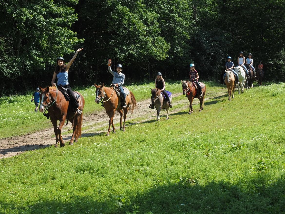 A line of young girls riding horses on a sunny day