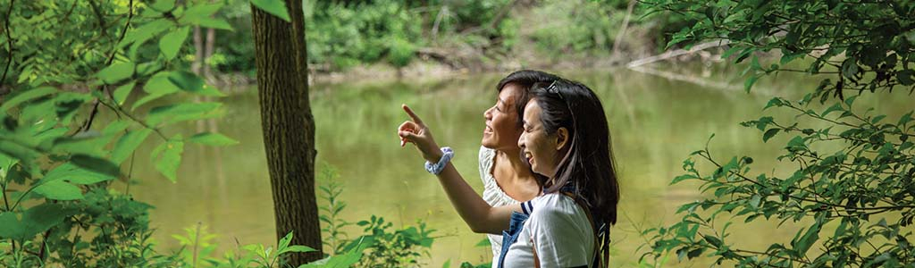 Two girls looking at a view in a forest