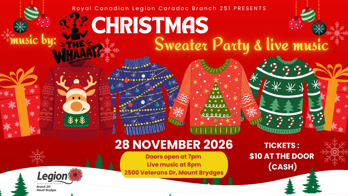 Christmas sweater party with live music on November 28 at Legion Branch 251.