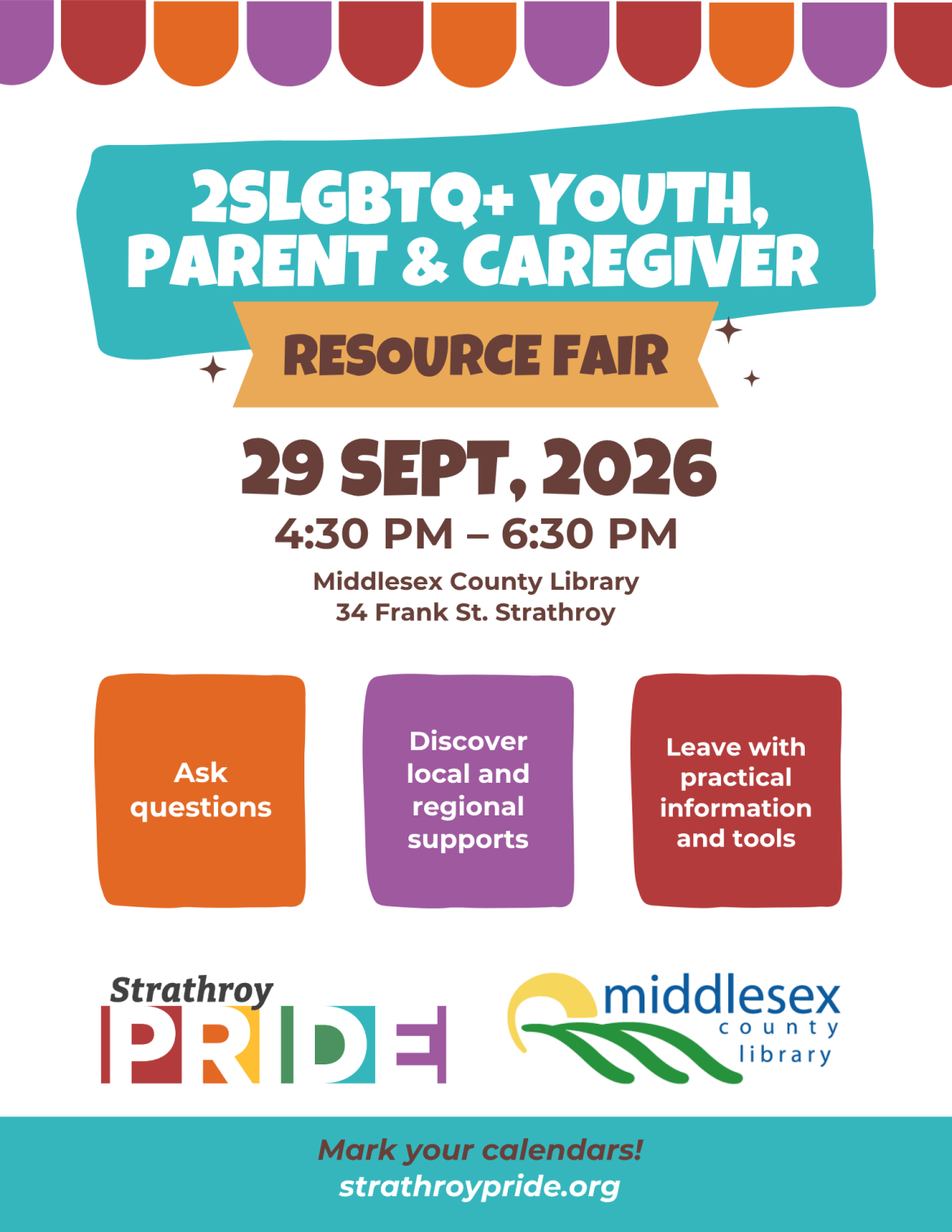 2SLGBTQ+ resource fair at Strathroy Library on September 29, 2026, from 4:30–6:30 p.m.