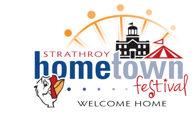 Logo for the Strathroy Hometown Festival with the words “Welcome Home,” featuring a Ferris wheel, building, tent and mascot illustration.