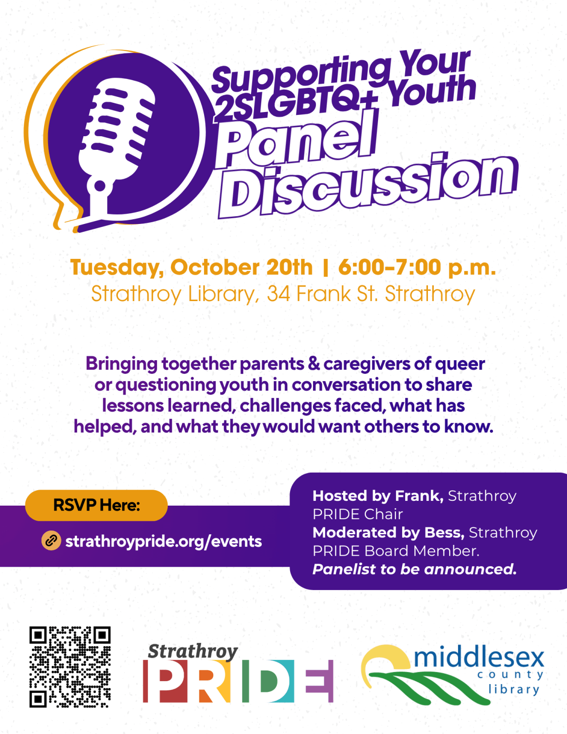 Supporting Your 2SLGBTQ+ Youth panel at Strathroy Library on October 20, from 6:00–7:00 p.m