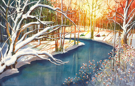 painting of a stream in the sunset