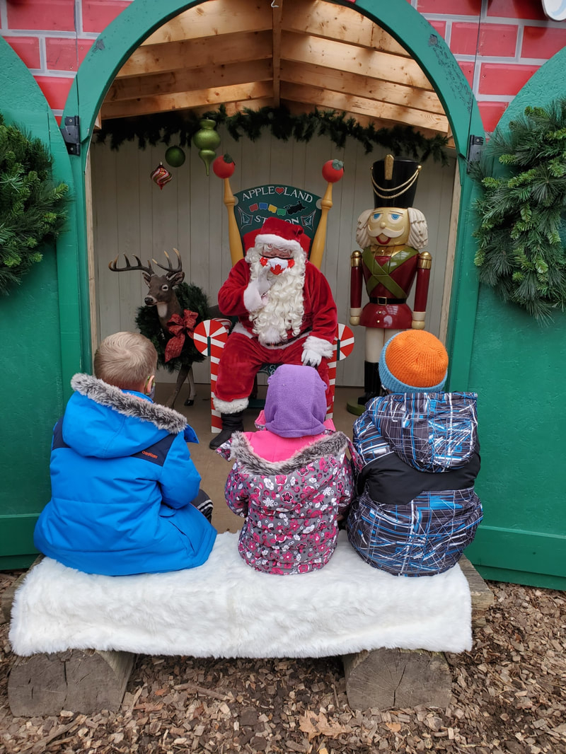 a picture of Santa speaking to three kids at apple land station