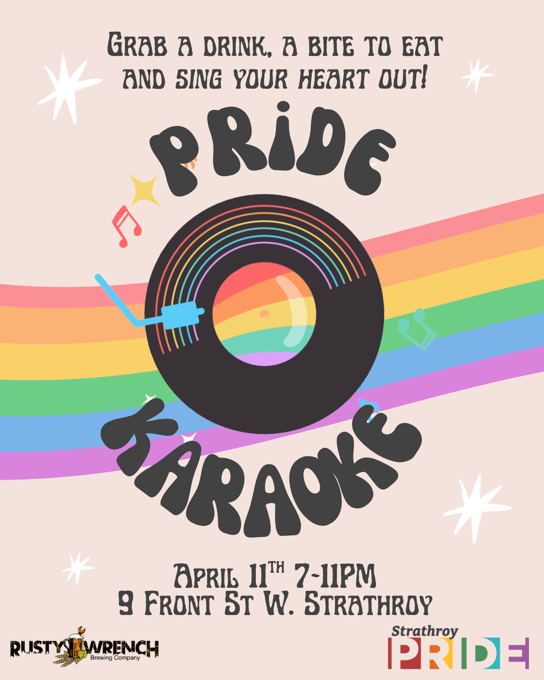 Promotional poster for a Pride Karaoke Night featuring a vinyl record with rainbow colors, musical icons, and event details including April 11 from 7–11 PM at 9 Front Street West in Strathroy.