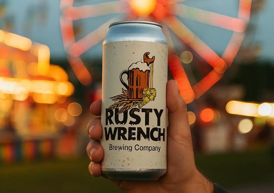 An artsy shot of a Rusty Wrench beer, held in front of a blurred ferris wheel
