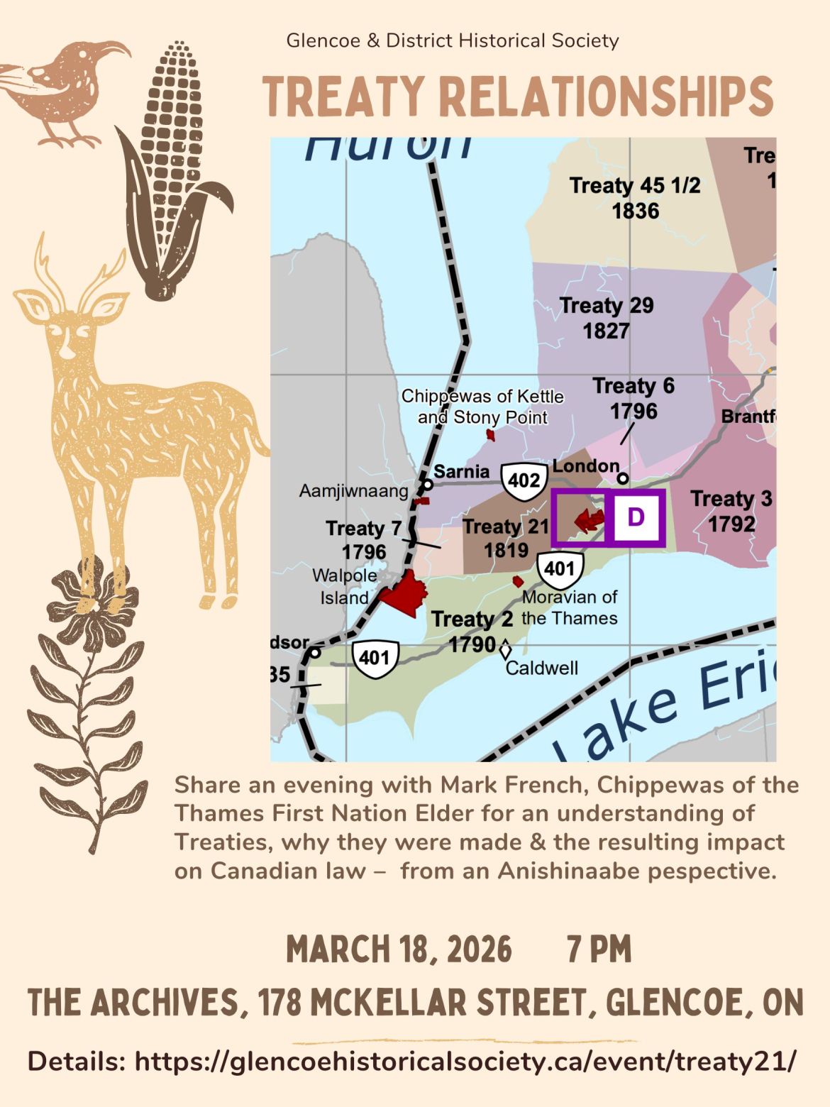 Promotional poster for a “Treaty Relationships” educational talk hosted by the Glencoe & District Historical Society, featuring a regional treaty map and event details for March 18, 2026, at The Archives in Glencoe, Ontario.