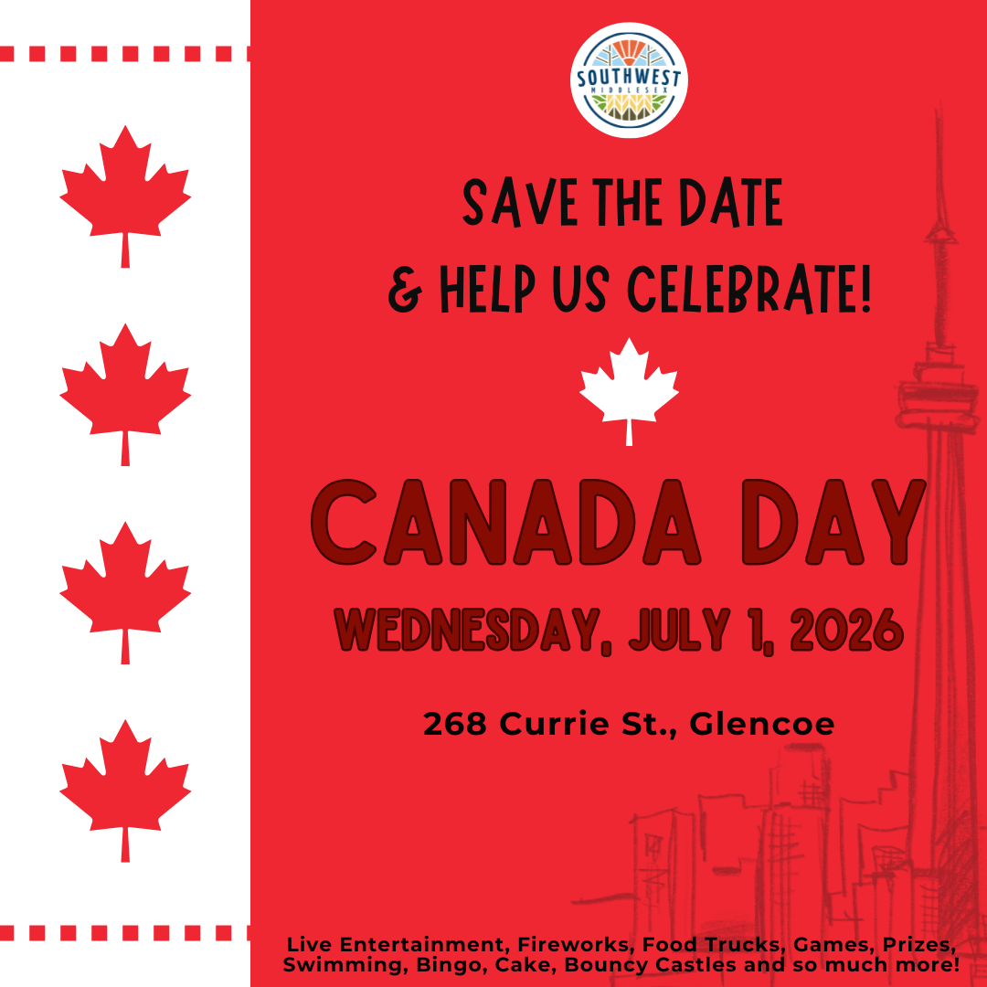 Promotional poster for a Canada Day celebration in Glencoe featuring red maple leaf graphics, event date July 1, 2026, location at 268 Currie Street, and activities including live entertainment, fireworks, food trucks, games, and family-friendly fun.