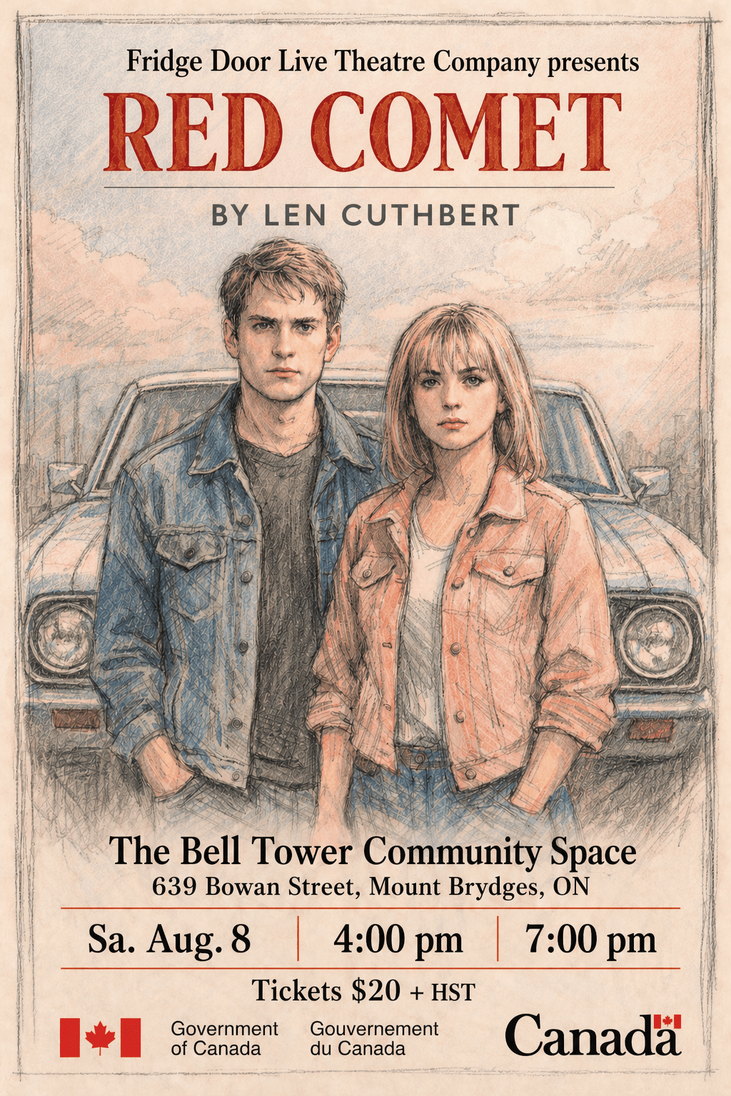 Vintage-style poster for “Red Comet” by Len Cuthbert, featuring two young people standing in front of a car. Shows at The Bell Tower Community Space in Mount Brydges on August 8 at 4:00 pm and 7:00 pm, with ticket price listed.