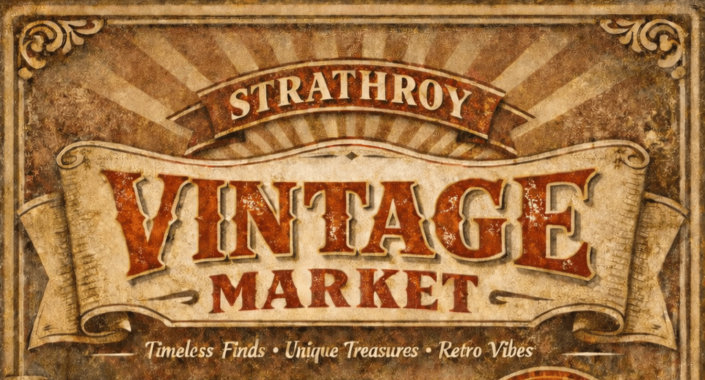 Vintage-style Strathroy Vintage Market banner in warm brown and gold tones.