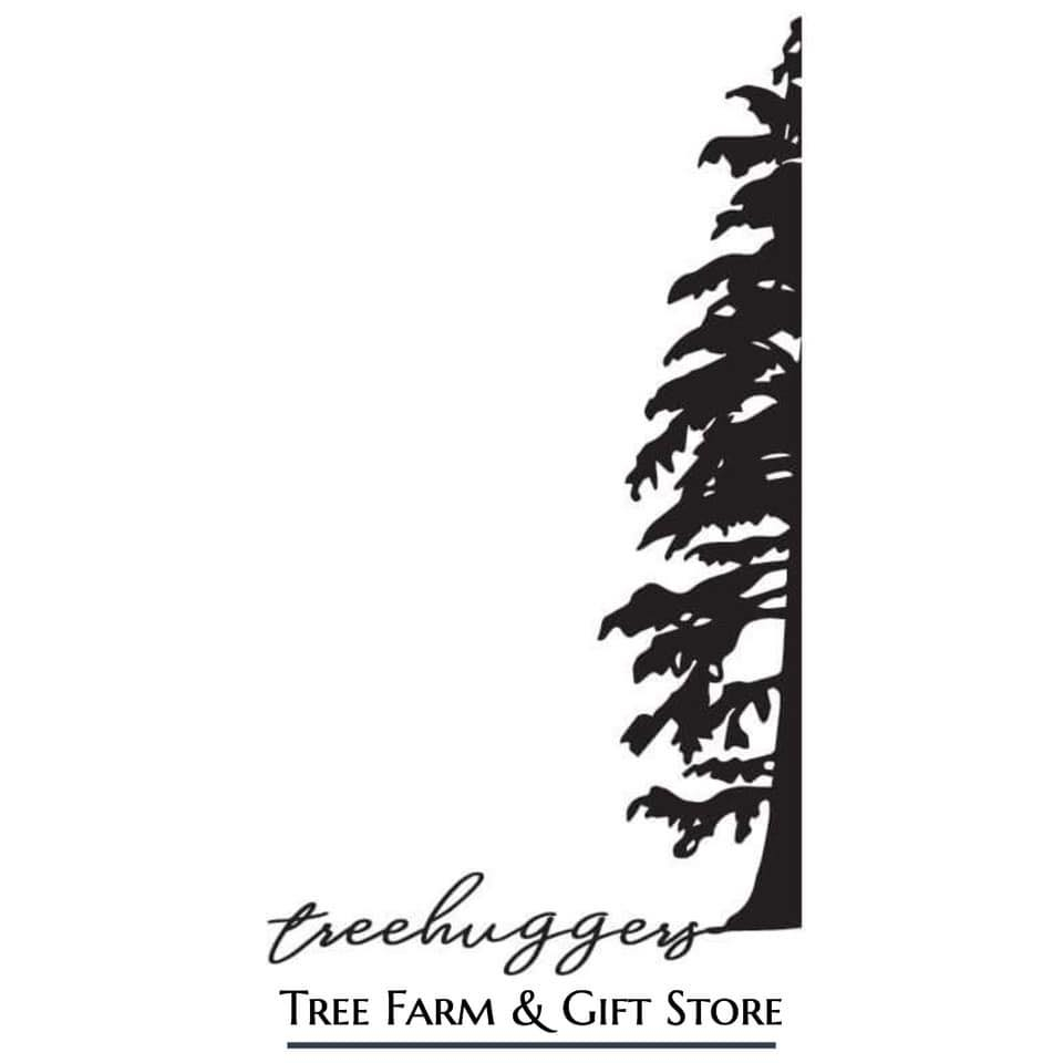 black and white picture of a pine tree on the right side of the image with "treehuggers tree farm and gift store' written below it