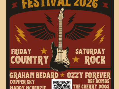 Poster for Hometown Festival 2026 featuring a guitar with wings and lightning graphics. The event highlights Friday country and Saturday rock performances with artists including Graham Bedard, Copper Sky, Maddy McKenzie, Ozzy Forever, Def Bombs, The Cherry Dogs, Full Throttle, and 4-Way Street. Includes a QR code for ticket purchase. Event takes place June 19 and 20, 2026 at Alexandra Park in Strathroy, with weekend and single-day ticket pricing listed.