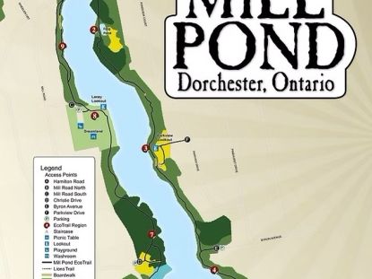A stylized map of the mill pond trail areas, with a legend in the bottom left corner.